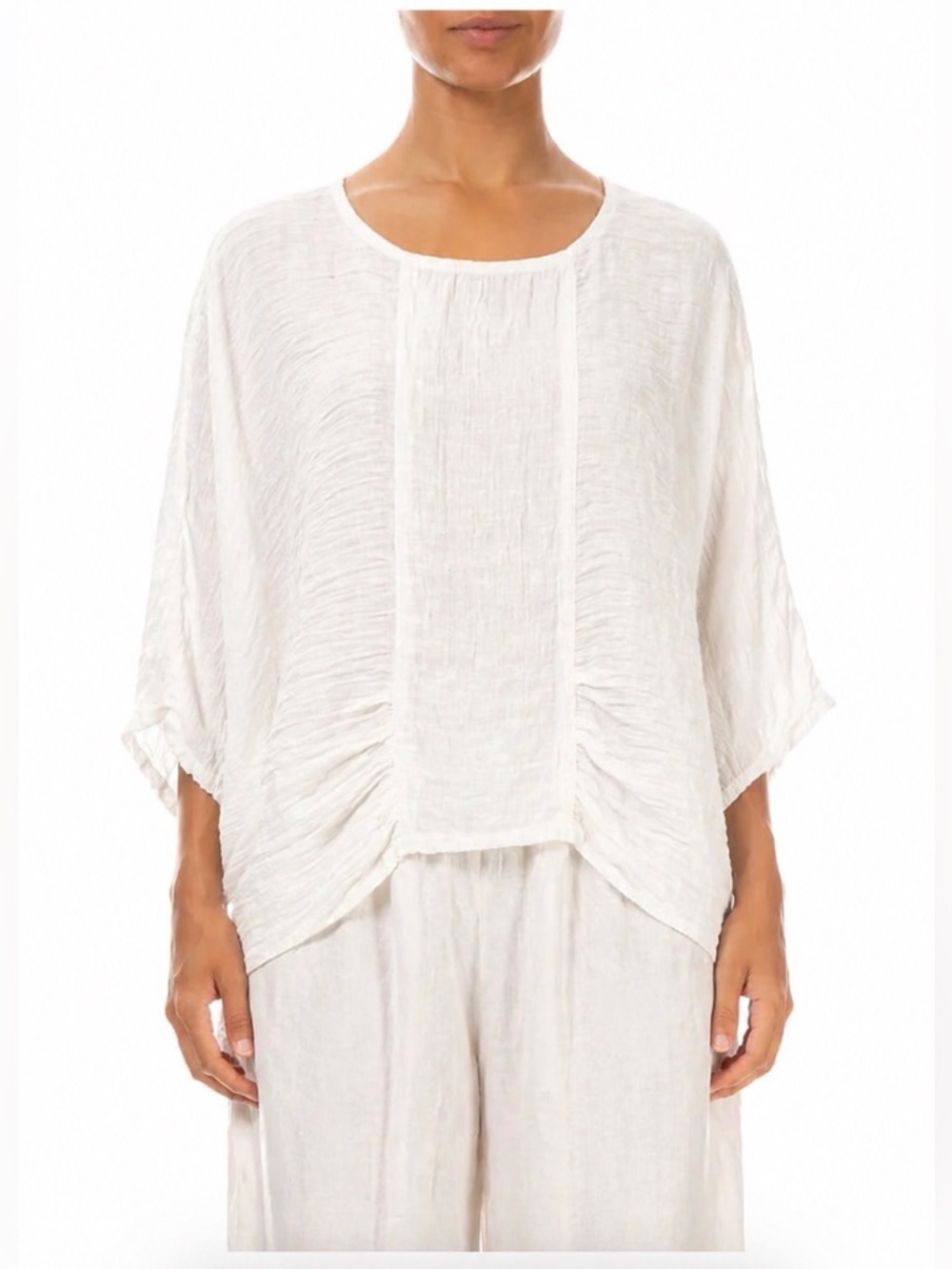 GRIZAS Washed Linen White Tunic Blouse XS Oversized Dolman Minimalist
